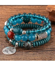 Bohemian Fashion I Love You Pendant Triple Layers Mixed Beads Handmade Bracelet - Blue