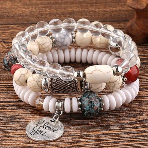 Bohemian Fashion I Love You Pendant Triple Layers Mixed Beads Handmade Bracelet - White