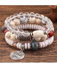 Bohemian Fashion I Love You Pendant Triple Layers Mixed Beads Handmade Bracelet - White