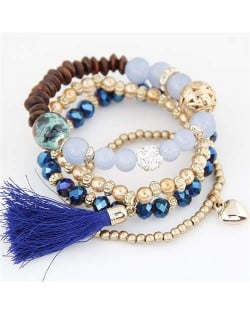 Tassel and Heart Pendants Triple Layers Crystal Mixed Beads Handmade Bracelet - Blue