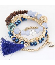 Tassel and Heart Pendants Triple Layers Crystal Mixed Beads Handmade Bracelet - Blue