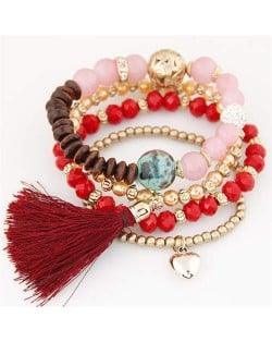 Tassel and Heart Pendants Triple Layers Crystal Mixed Beads Handmade Bracelet - Red
