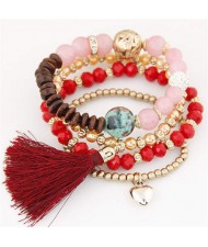 Tassel and Heart Pendants Triple Layers Crystal Mixed Beads Handmade Bracelet - Red