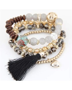 Tassel and Heart Pendants Triple Layers Crystal Mixed Beads Handmade Bracelet - Black