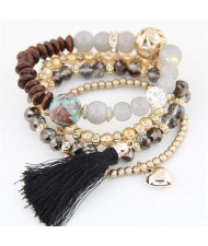 Tassel and Heart Pendants Triple Layers Crystal Mixed Beads Handmade Bracelet - Black
