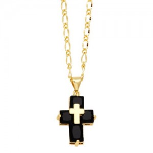 Hip-hop Style Cubic Zirconia Cross Pendant Women Man Copper Necklace - Black