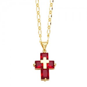 Hip-hop Style Cubic Zirconia Cross Pendant Women Man Copper Necklace - Red