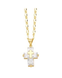 Hip-hop Style Cubic Zirconia Cross Pendant Women Man Copper Necklace - White