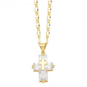 Hip-hop Style Cubic Zirconia Cross Pendant Women Man Copper Necklace - White