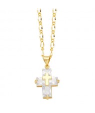 Hip-hop Style Cubic Zirconia Cross Pendant Women Man Copper Necklace - White