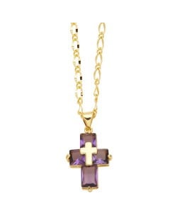 Hip-hop Style Cubic Zirconia Cross Pendant Women Man Copper Necklace - Purple