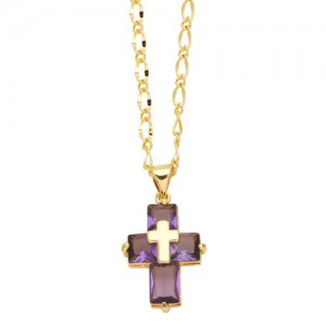 Hip-hop Style Cubic Zirconia Cross Pendant Women Man Copper Necklace - Purple