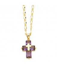 Hip-hop Style Cubic Zirconia Cross Pendant Women Man Copper Necklace - Purple
