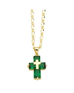 Hip-hop Style Cubic Zirconia Cross Pendant Women Man Copper Necklace - Green