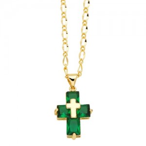 Hip-hop Style Cubic Zirconia Cross Pendant Women Man Copper Necklace - Green