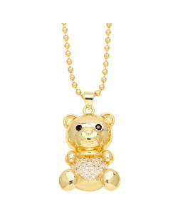 Fashion Cubic Zirconia Inlaid Cute Bear Pendant Women Copper Necklace - Pink