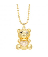 Fashion Cubic Zirconia Inlaid Cute Bear Pendant Women Copper Necklace - Pink