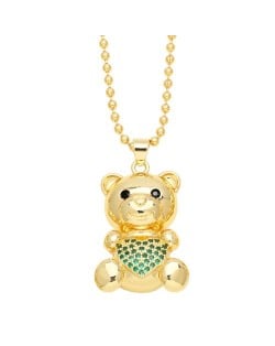 Fashion Cubic Zirconia Inlaid Cute Bear Pendant Women Copper Necklace - Green