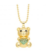 Fashion Cubic Zirconia Inlaid Cute Bear Pendant Women Copper Necklace - Green