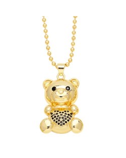 Fashion Cubic Zirconia Inlaid Cute Bear Pendant Women Copper Necklace - Black