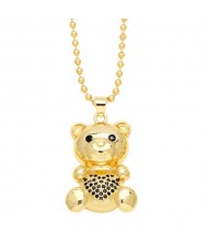 Fashion Cubic Zirconia Inlaid Cute Bear Pendant Women Copper Necklace - Black