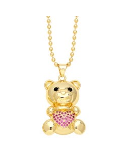 Fashion Cubic Zirconia Inlaid Cute Bear Pendant Women Copper Necklace - Rose