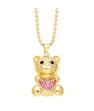 Fashion Cubic Zirconia Inlaid Cute Bear Pendant Women Copper Necklace - Rose
