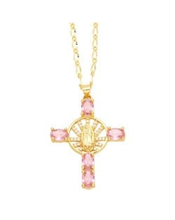 Vintage The Madonna Cross Cubic Zirconia Pendant Wholesale Women Copper Necklace -  Pink