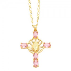 Vintage The Madonna Cross Cubic Zirconia Pendant Wholesale Women Copper Necklace -  Pink