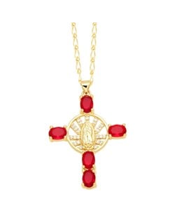 Vintage The Madonna Cross Cubic Zirconia Pendant Wholesale Women Copper Necklace - Red