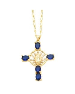 Vintage The Madonna Cross Cubic Zirconia Pendant Wholesale Women Copper Necklace - Blue