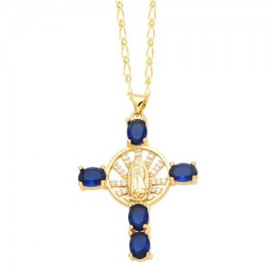 Vintage The Madonna Cross Cubic Zirconia Pendant Wholesale Women Copper Necklace - Blue
