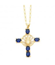Vintage The Madonna Cross Cubic Zirconia Pendant Wholesale Women Copper Necklace - Blue