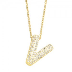 Sample Fashion Design Cubic Zirconia V Letter Pendant Wholesale Women Copper Necklace