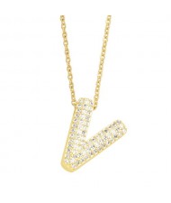 Sample Fashion Design Cubic Zirconia V Letter Pendant Wholesale Women Copper Necklace