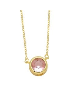 Round Cubic Zirconia Pendant Wholesale Women 18K Gold Plated Copper Necklace - Pink