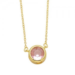Round Cubic Zirconia Pendant Wholesale Women 18K Gold Plated Copper Necklace - Pink