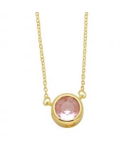 Round Cubic Zirconia Pendant Wholesale Women 18K Gold Plated Copper Necklace - Pink