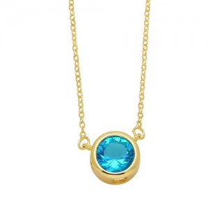 Round Cubic Zirconia Pendant Wholesale Women 18K Gold Plated Copper Necklace - Light Blue