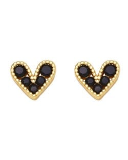 Mini Heart Fashion Design Cubic Zirconia Copper Stud Earrings - Black
