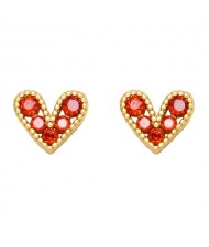 Mini Heart Fashion Design Cubic Zirconia Copper Stud Earrings - Red