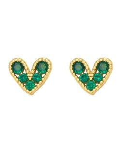 Mini Heart Fashion Design Cubic Zirconia Copper Stud Earrings - Green