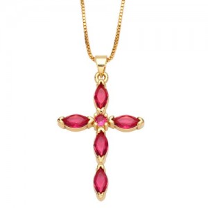 Classic Cross Pendant Wholesale Women 18K Gold Plated Copper Necklace - Red