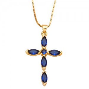 Classic Cross Pendant Wholesale Women 18K Gold Plated Copper Necklace - Blue