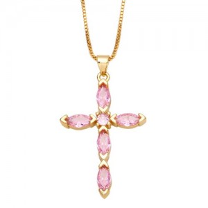Classic Cross Pendant Wholesale Women 18K Gold Plated Copper Necklace - Pink