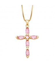 Classic Cross Pendant Wholesale Women 18K Gold Plated Copper Necklace - Pink