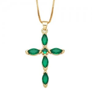 Classic Cross Pendant Wholesale Women 18K Gold Plated Copper Necklace - Green
