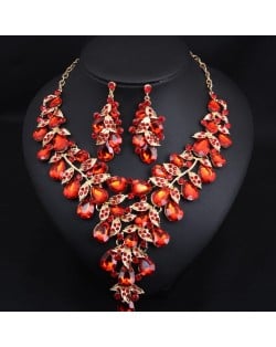 U. S. Fashion Jewelry Exaggerated Dinner Accessories Rhinestone Necklace Earrings Set - Red