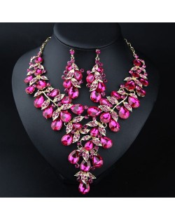 U. S. Fashion Jewelry Exaggerated Dinner Accessories Rhinestone Necklace Earrings Set - Fuchsia