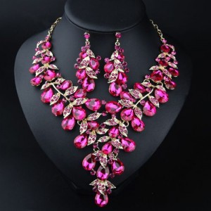 U. S. Fashion Jewelry Exaggerated Dinner Accessories Rhinestone Necklace Earrings Set - Fuchsia